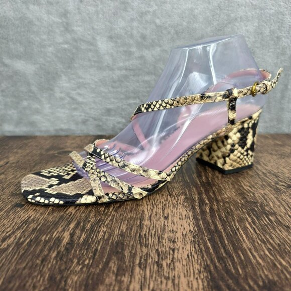 J Crew Odette Strappy Sandals 10.5 Black Cream Snake Embossed Leather Block Heel - Picture 1 of 14